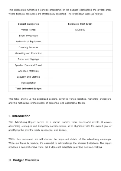 Free Large-Scale Event Budget Advertising Report Template to Edit Online