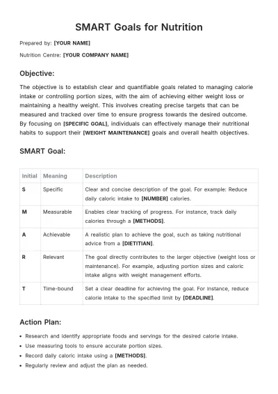 Free SMART Goals Template for Nutrition to Edit Online