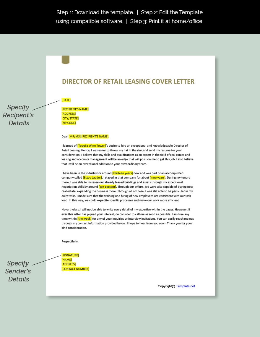 Director of Retail Leasing Cover Letter