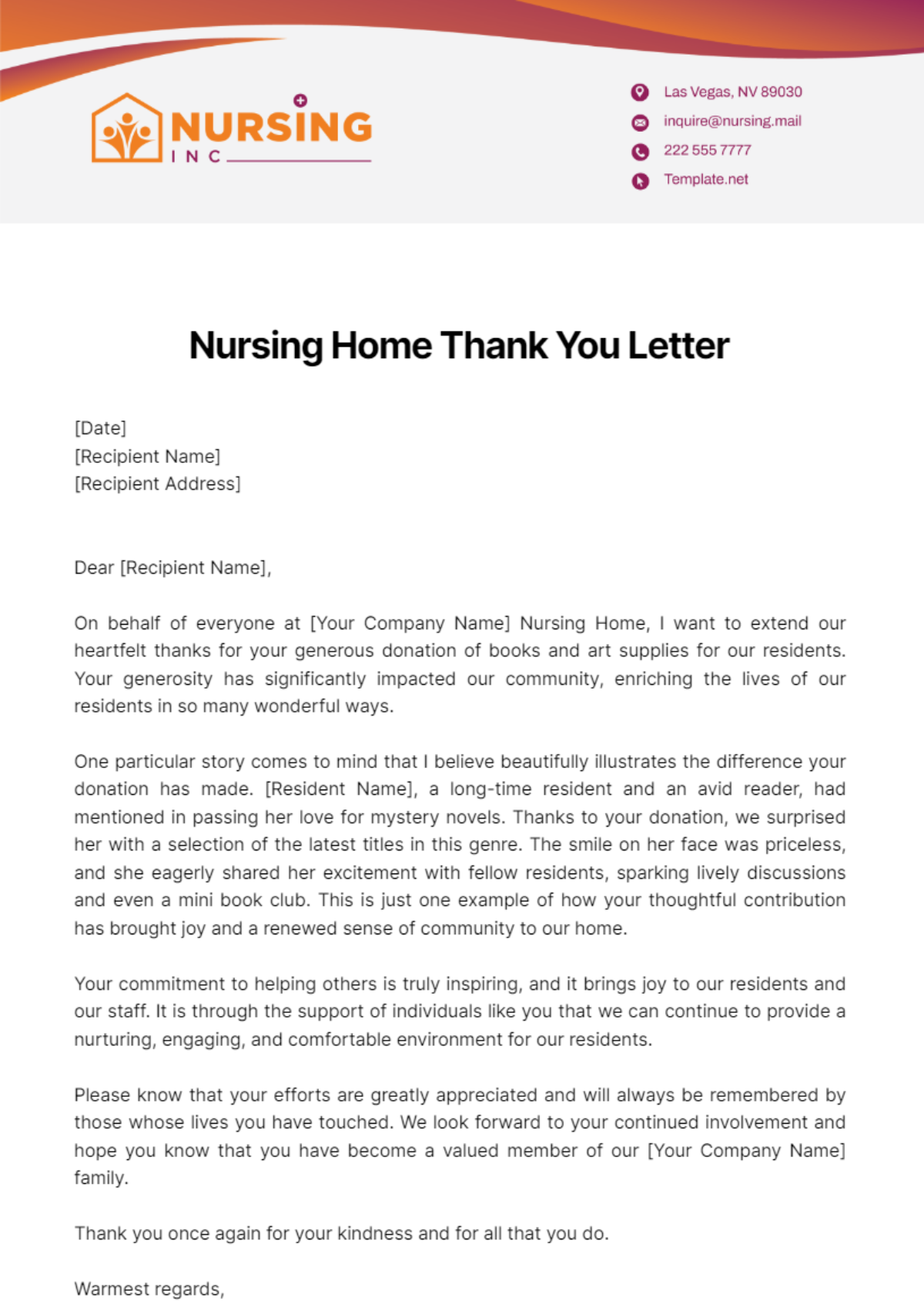 Nursing Home Thank You Letter Template