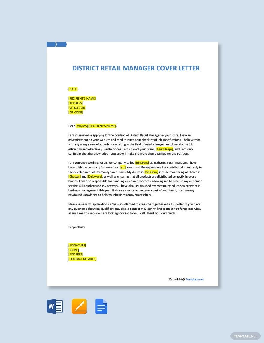 District Retail Manager Cover Letter