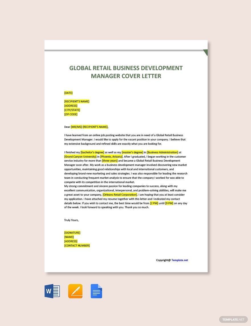 Global Retail Business Development Manager Cover Letter