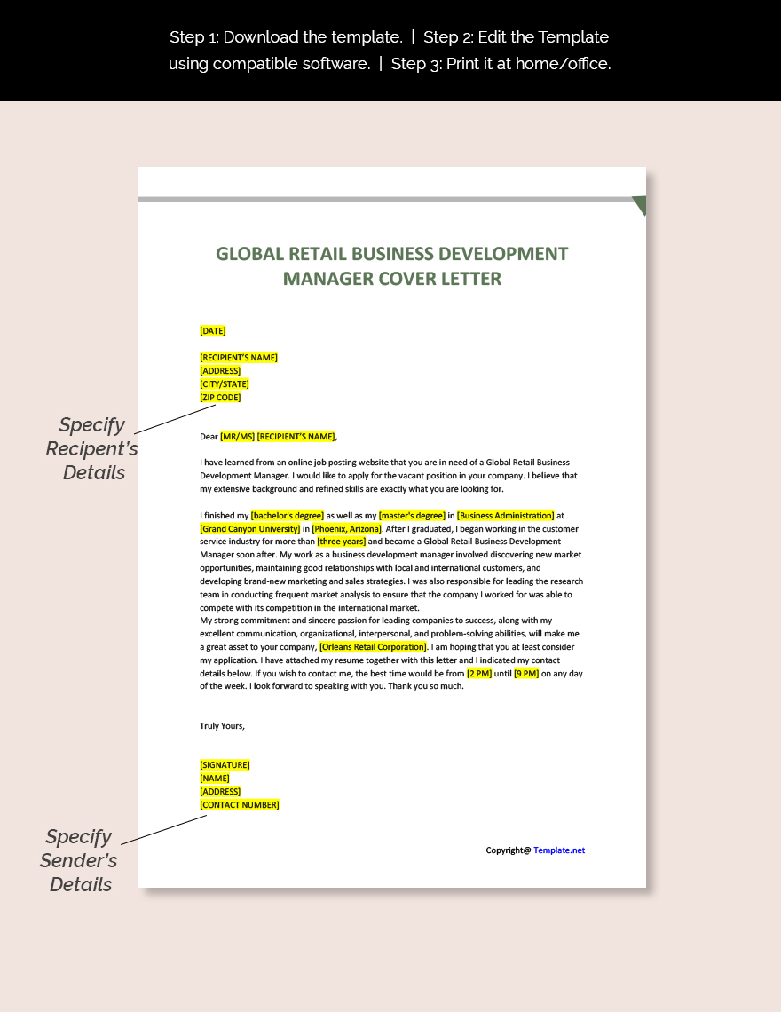 Global Retail Business Development Manager Cover Letter Template
