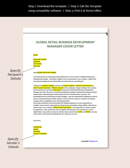 Global Retail Business Development Manager Cover Letter Template