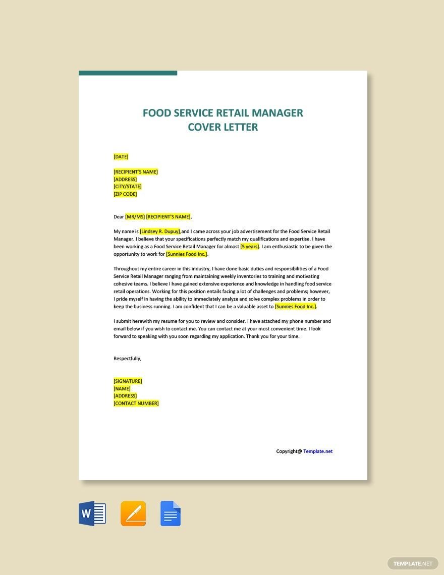 Food Service Retail Manager Cover Letter