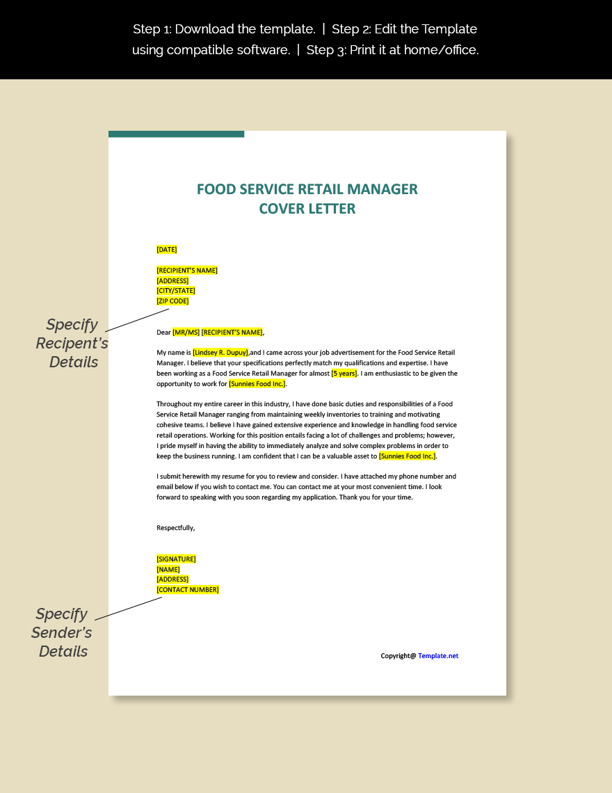 Food Service Retail Manager Cover Letter
