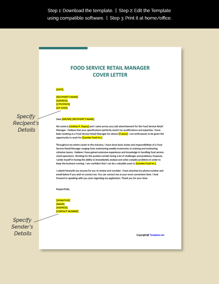 Food Service Retail Manager Cover Letter Template