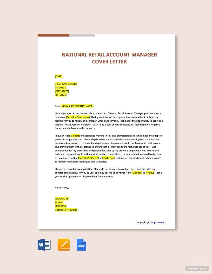 National Retail Account Manager Cover Letter Template