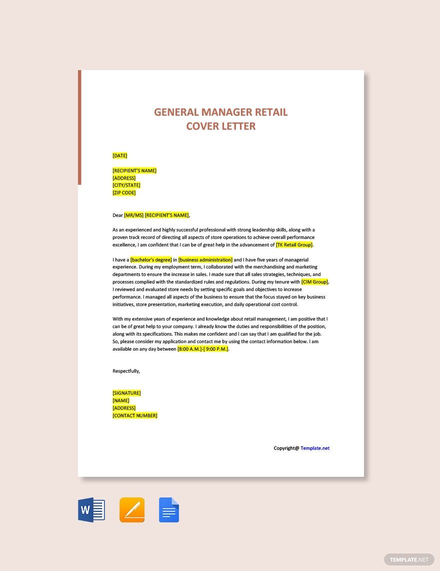 General Manager Retail Cover Letter in Word, Google Docs, PDF, Apple Pages