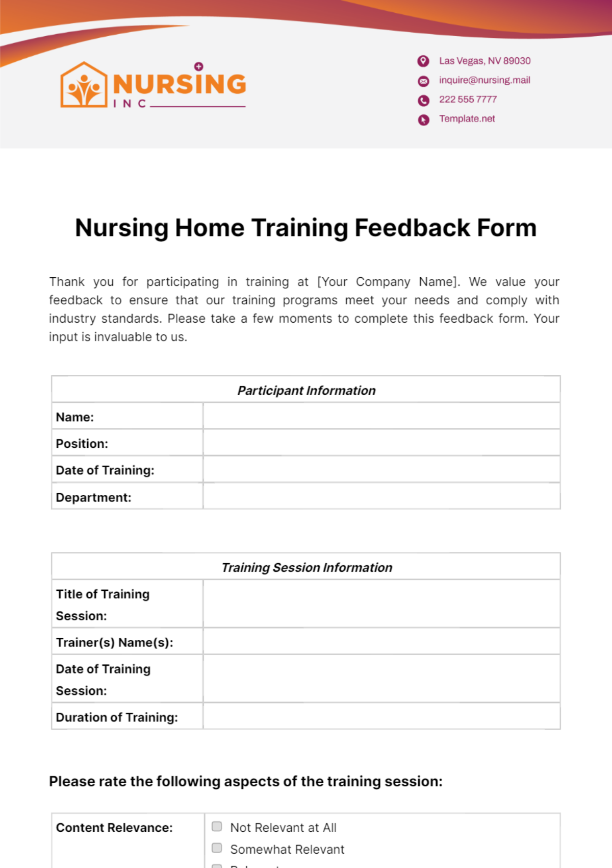 Nursing Home Training Feedback Form Template