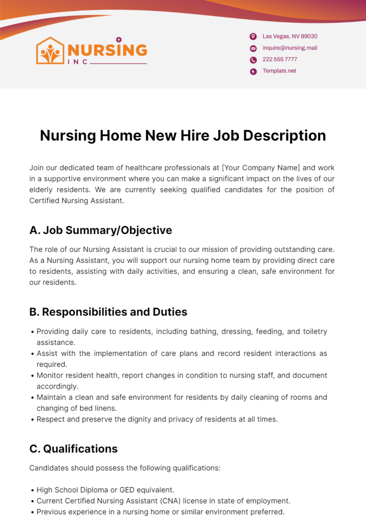 Nursing Home New Hire Job Description Template