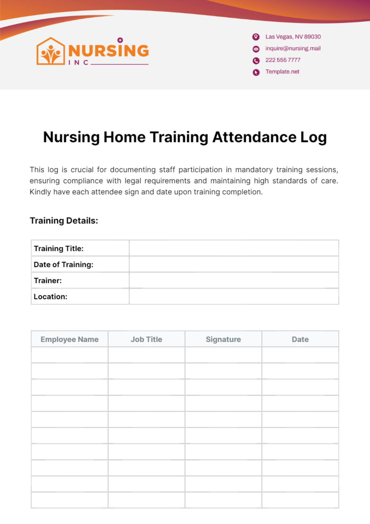 Nursing Home Training Attendance Log Template