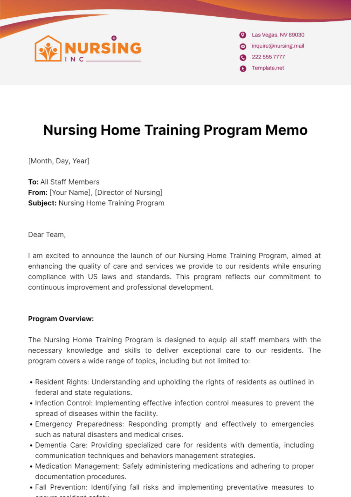 Nursing Home Training Program Memo Template