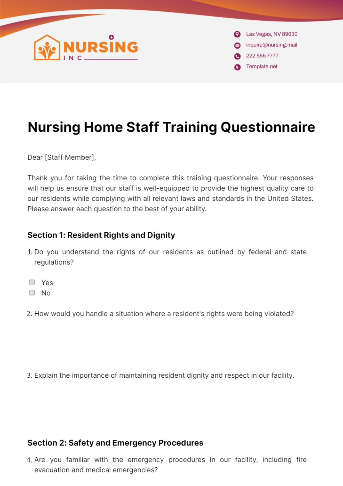 Nursing Home Staff Training Questionnaire Template