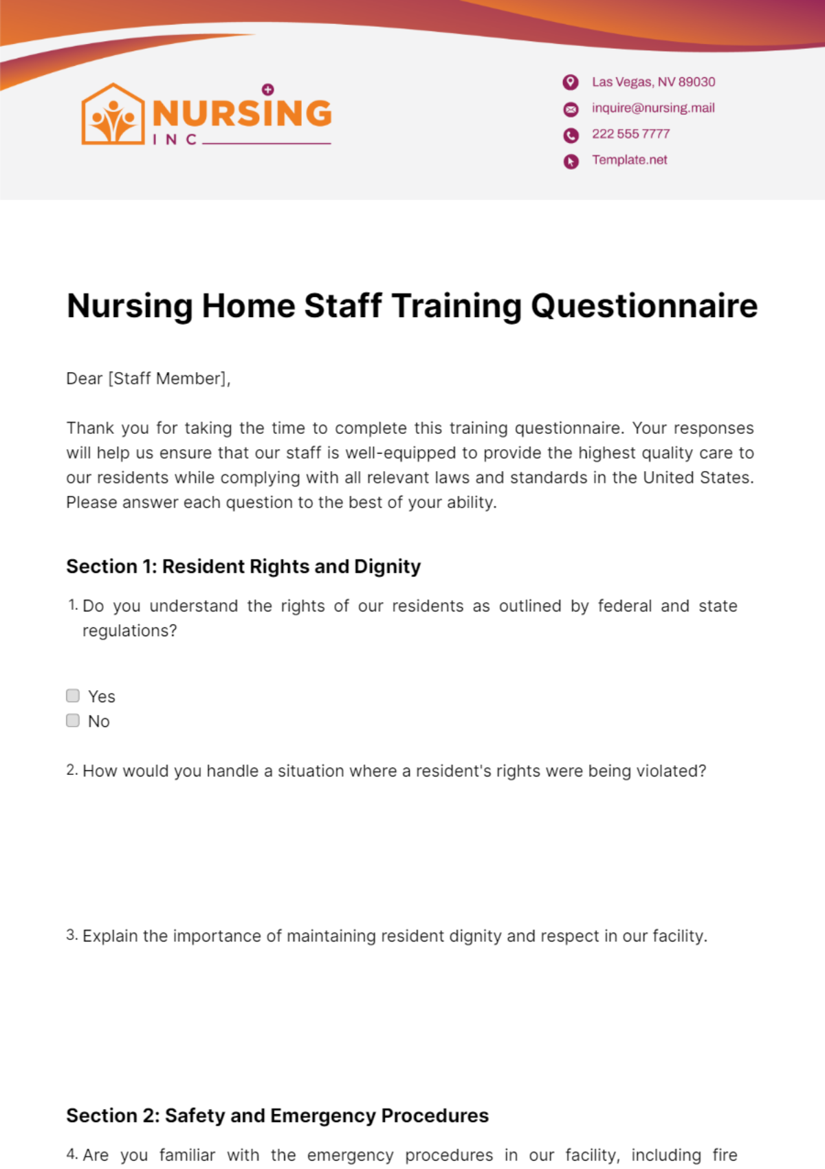 Nursing Home Staff Training Questionnaire Template - Edit Online & Download