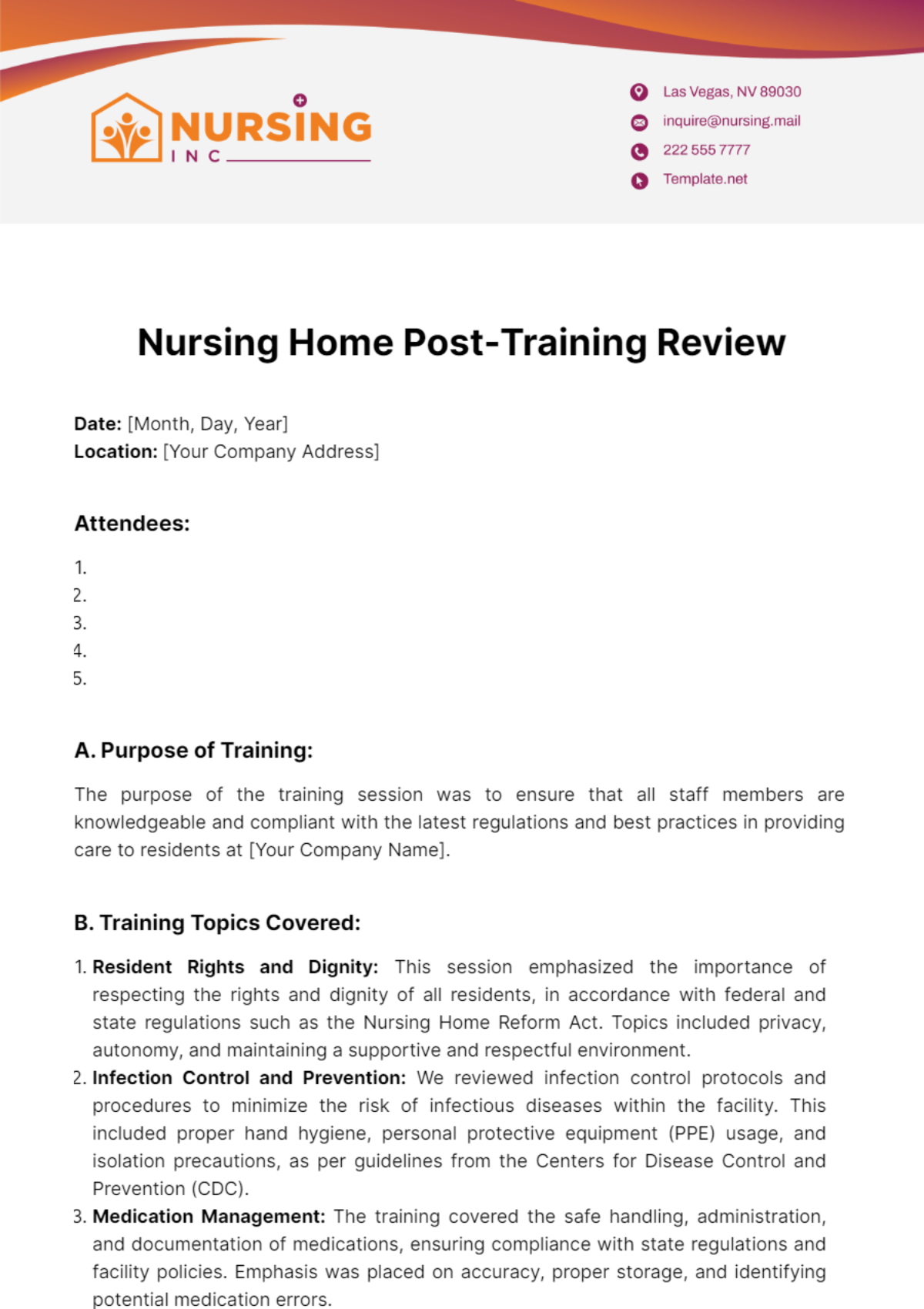 Nursing Home Post-Training Review Template