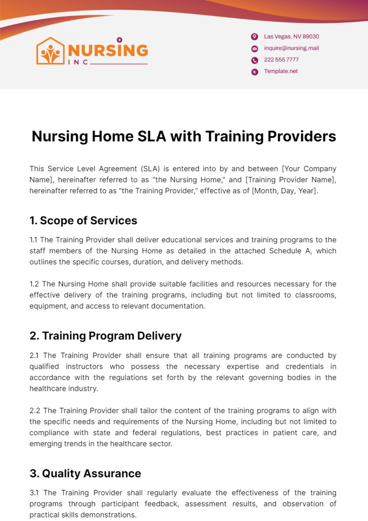 Nursing Home SLA with Training Providers Template