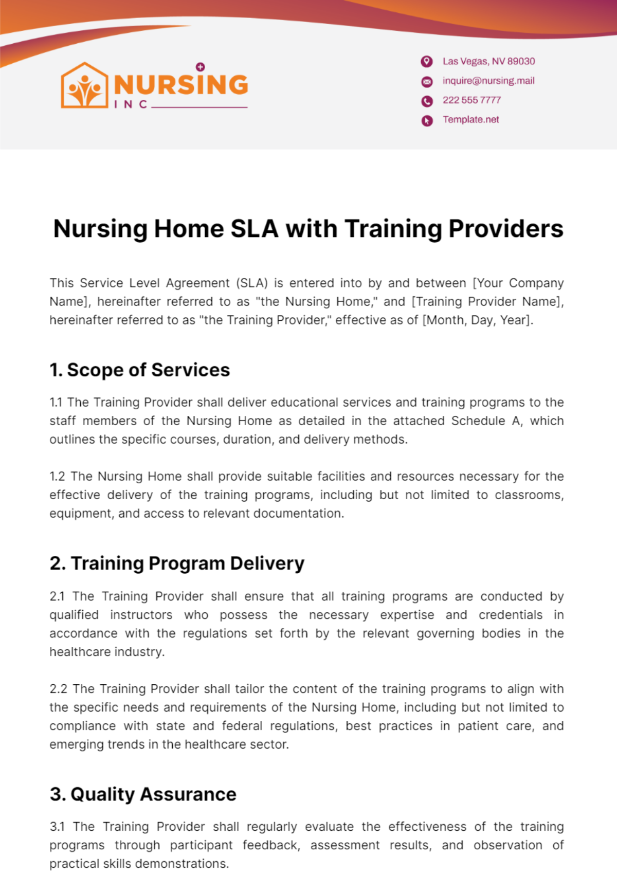 Nursing Home SLA with Training Providers Template - Edit Online & Download