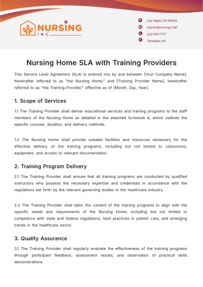 Free Nursing Home SLA with Training Providers Template to Edit Online