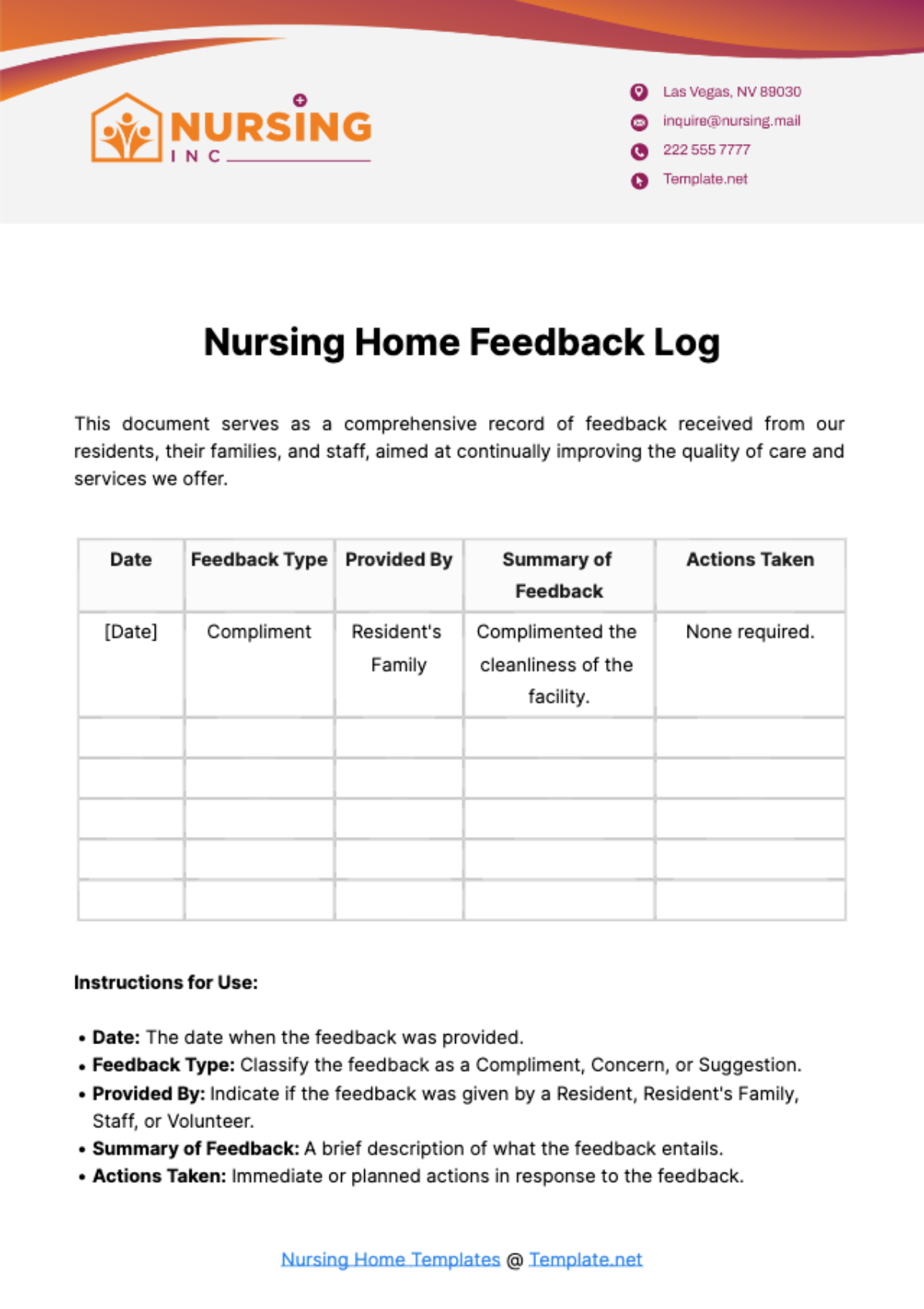 Nursing Home Feedback Log Template