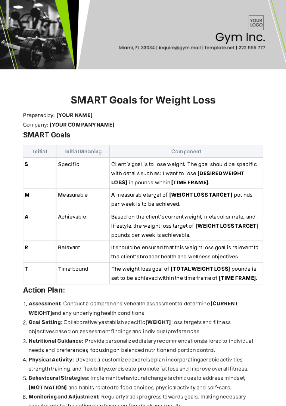 SMART Goals for Weight Loss Template - Edit Online & Download