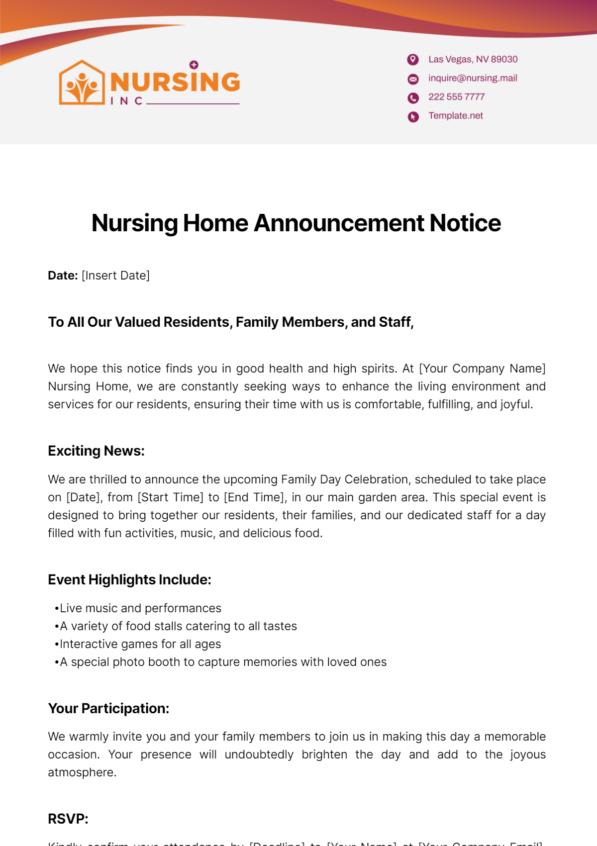 Free Nursing Home Announcement Notice Template
