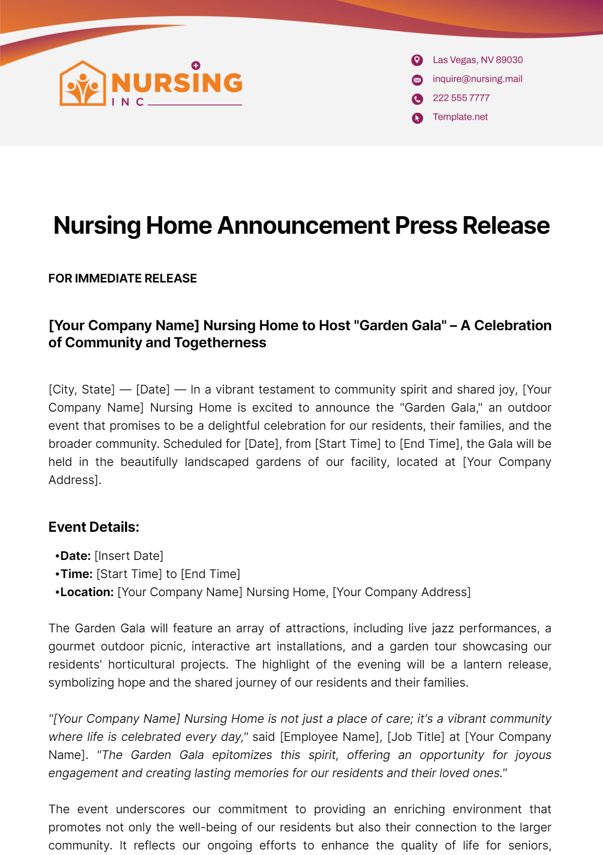 Nursing Home Announcement Press Release Template