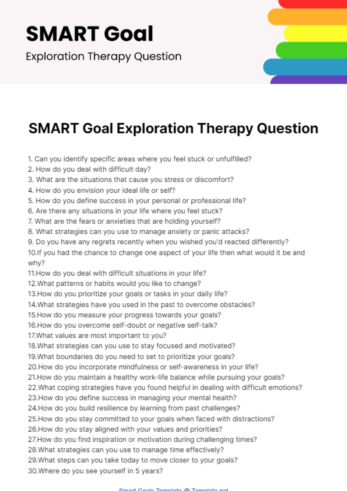Therapy Questions for SMART Goal Exploration Template