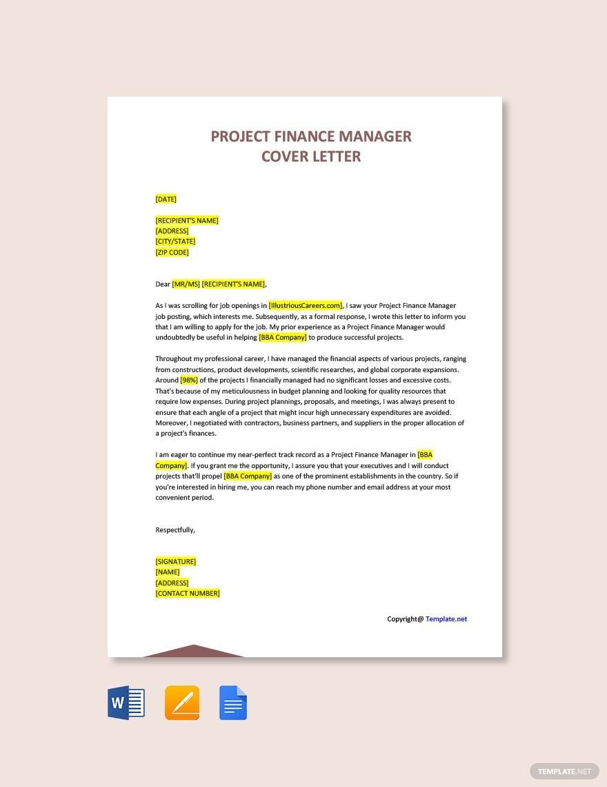 Project Finance Manager Cover Letter Template