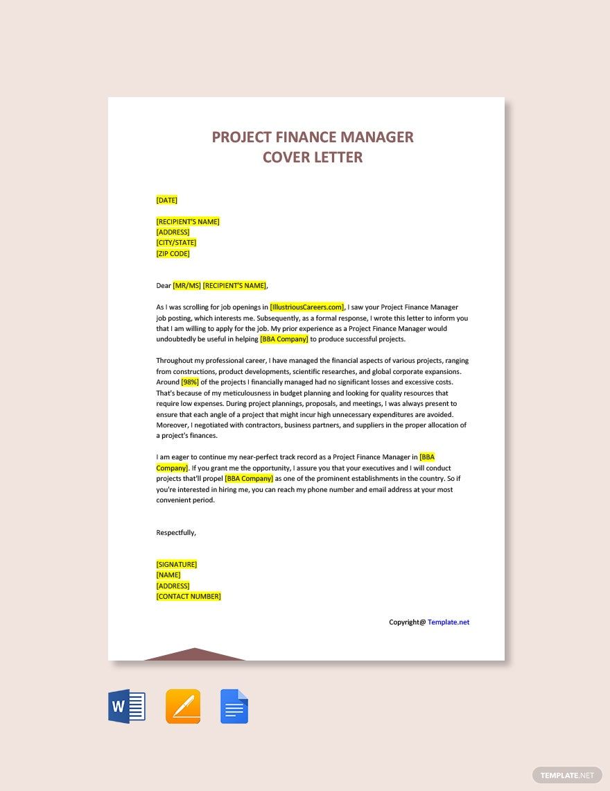 Project Finance Manager Cover Letter in Word, Google Docs, PDF, Apple Pages