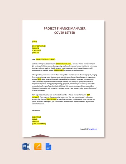 Project Finance Manager Cover Letter