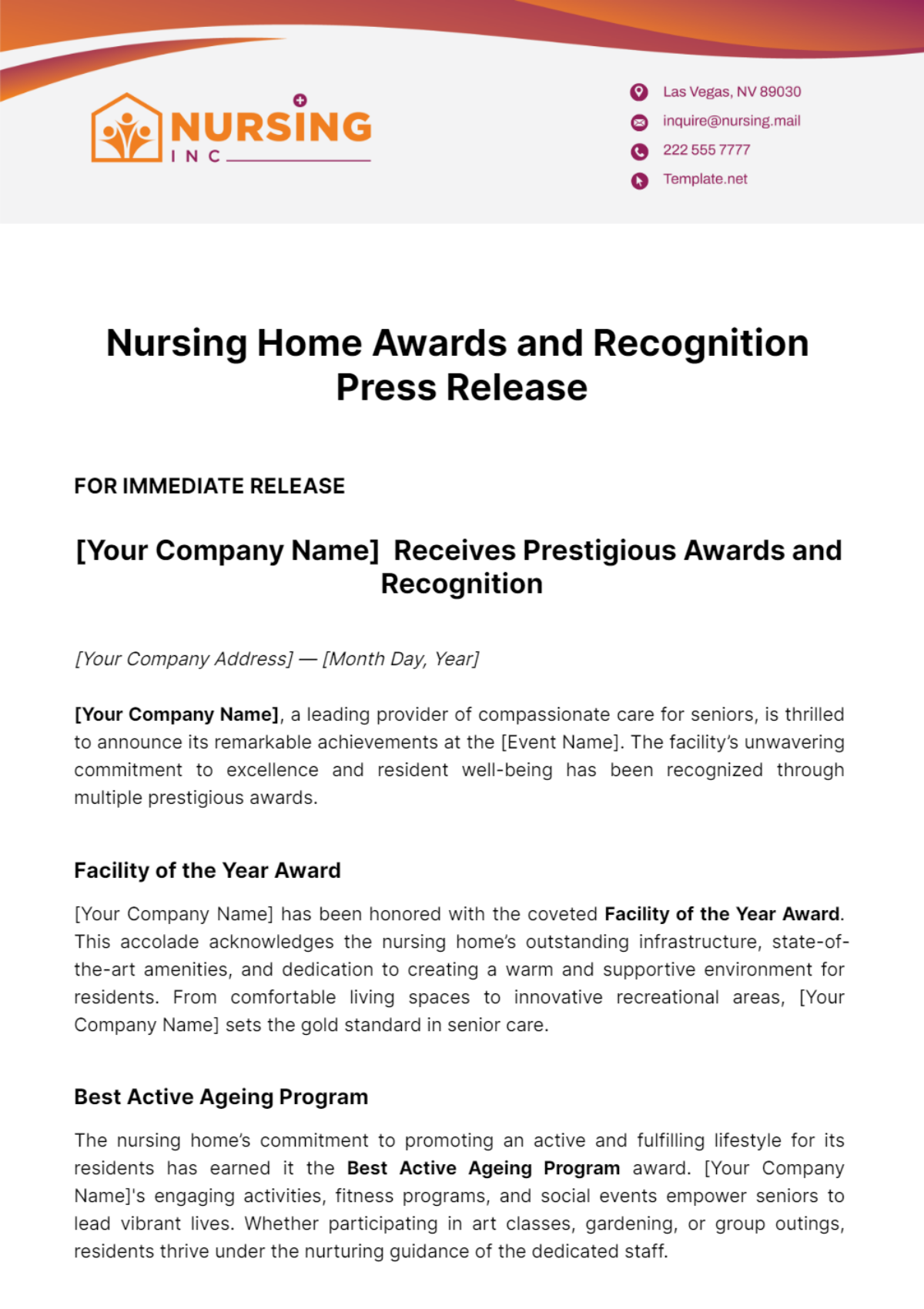 Nursing Home Awards and Recognition Press Release Template