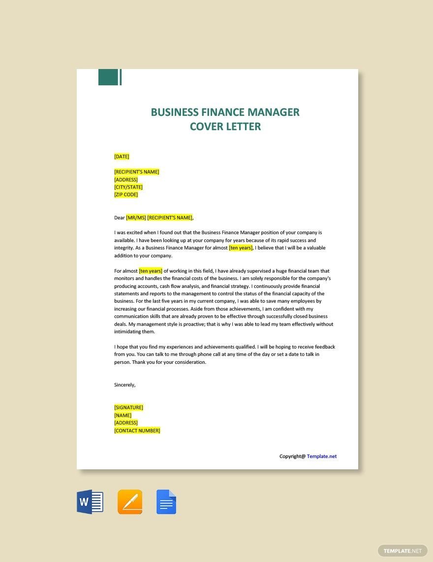Business Finance Manager Cover Letter Template