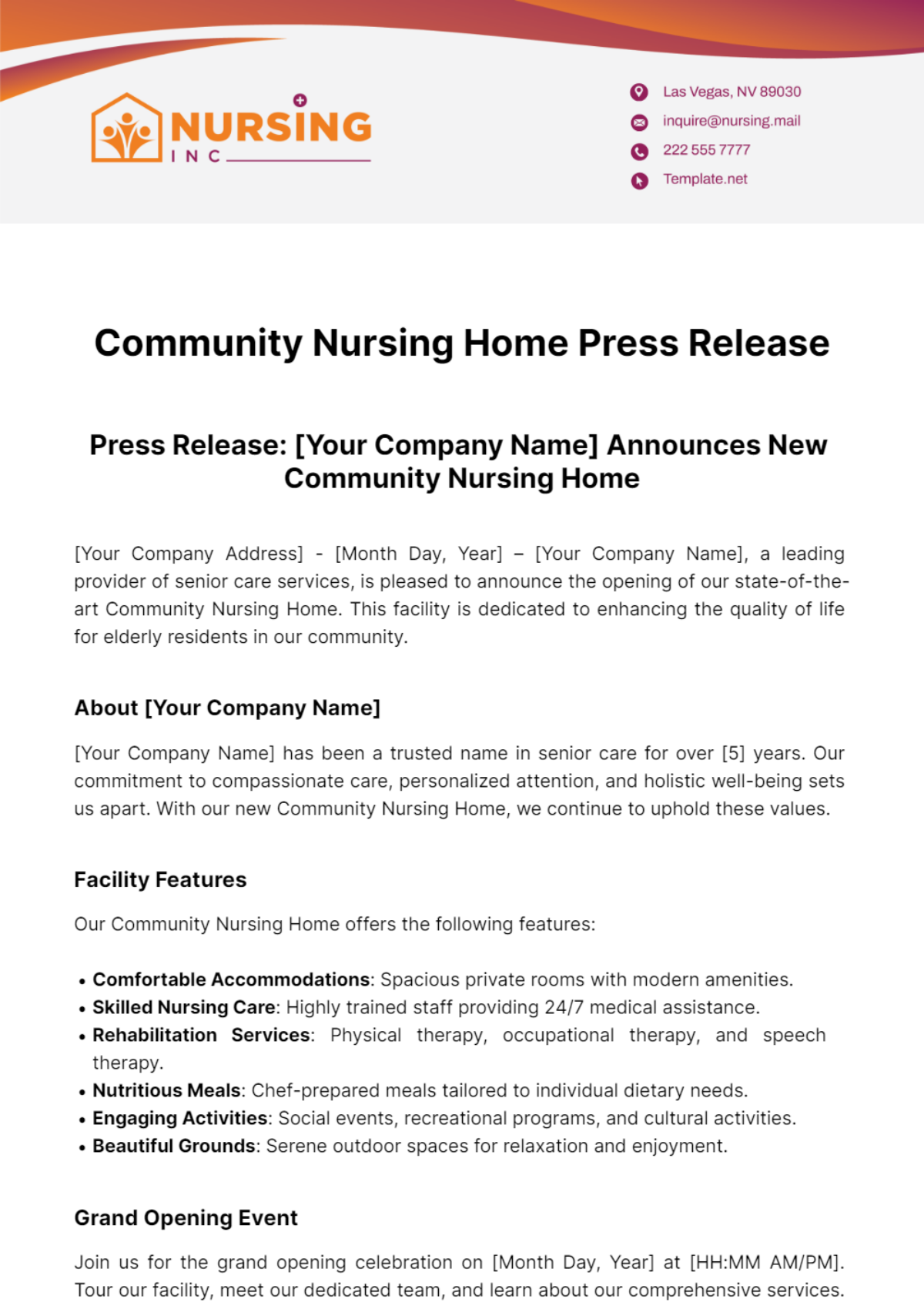 Free Community Nursing Home Press Release Template