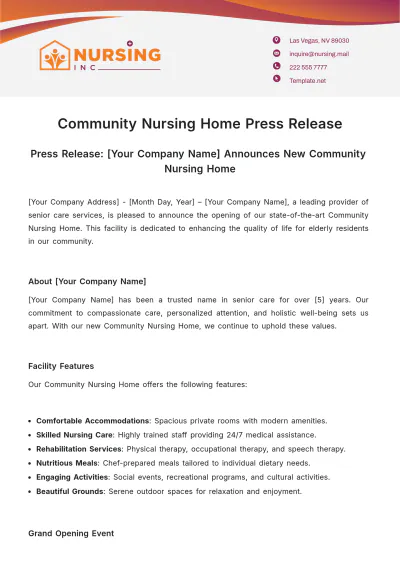 Free Community Nursing Home Press Release Template to Edit Online