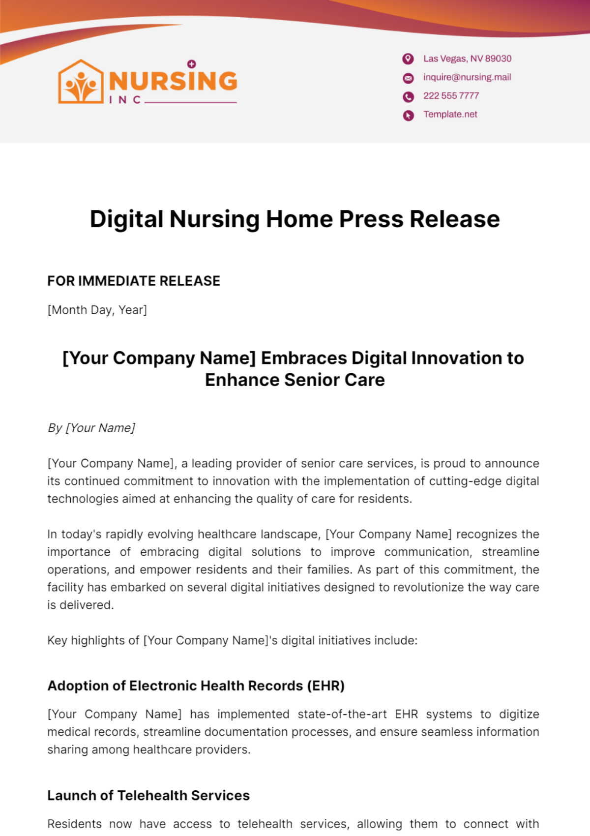 Digital Nursing Home Press Release Template