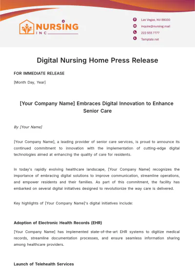 Free Digital Nursing Home Press Release Template to Edit Online