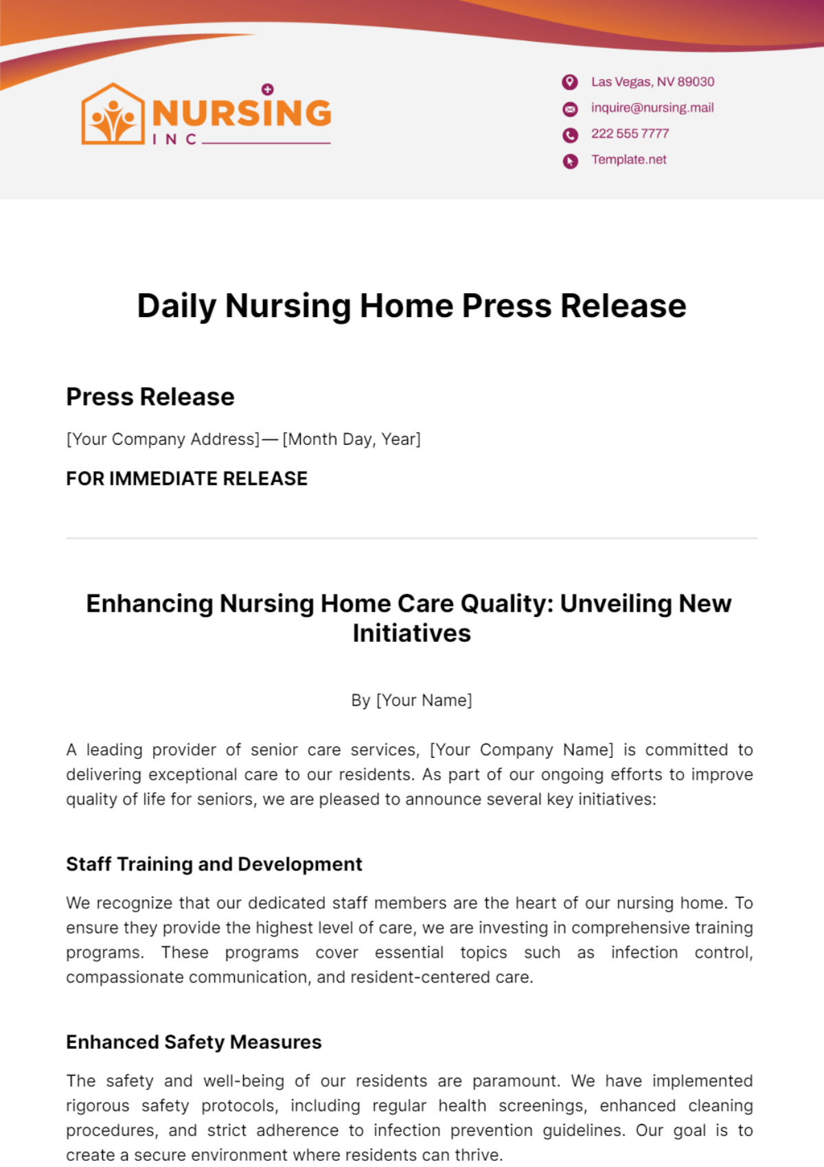 Daily Nursing Home Press Release Template