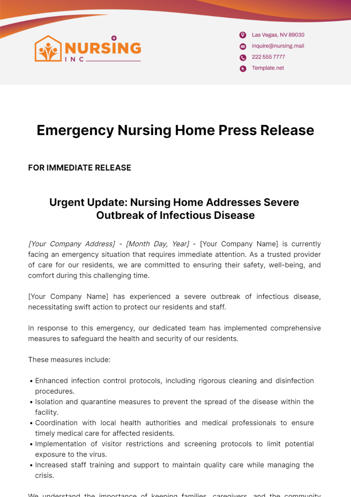 Emergency Nursing Home Press Release Template