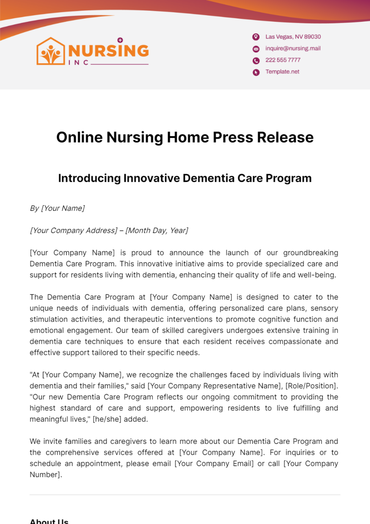 Online Nursing Home Press Release Template