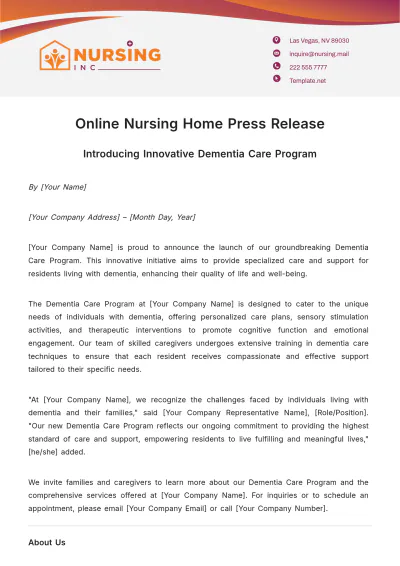 Free Online Nursing Home Press Release Template to Edit Online