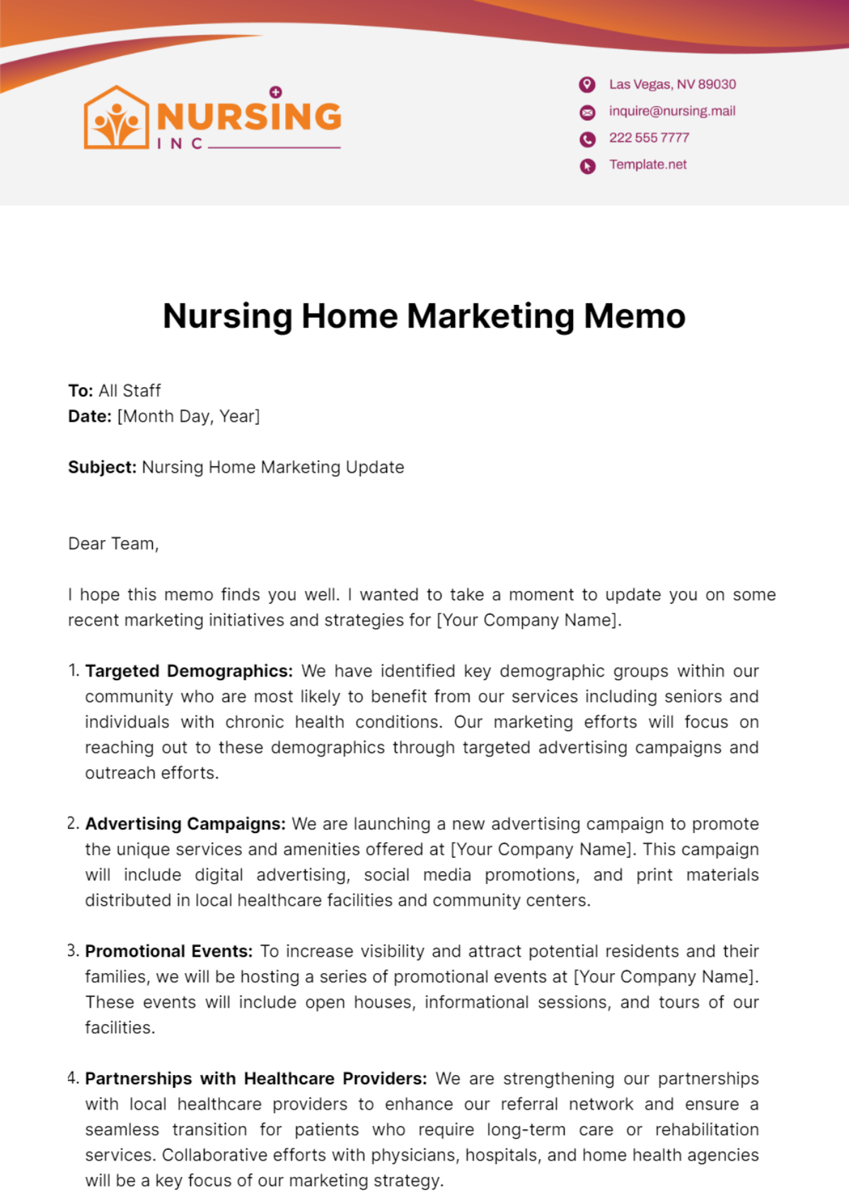 Nursing Home Marketing Memo Template