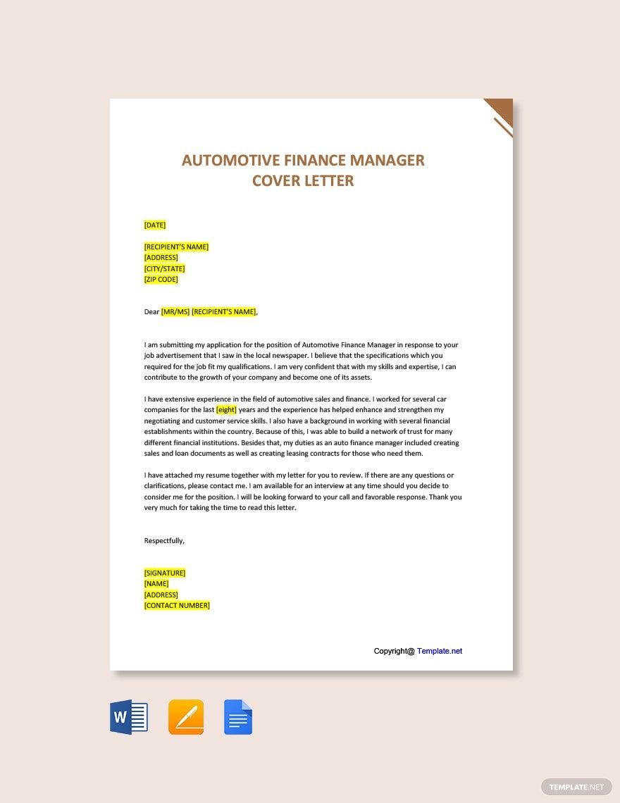 Automotive Finance Manager Cover Letter