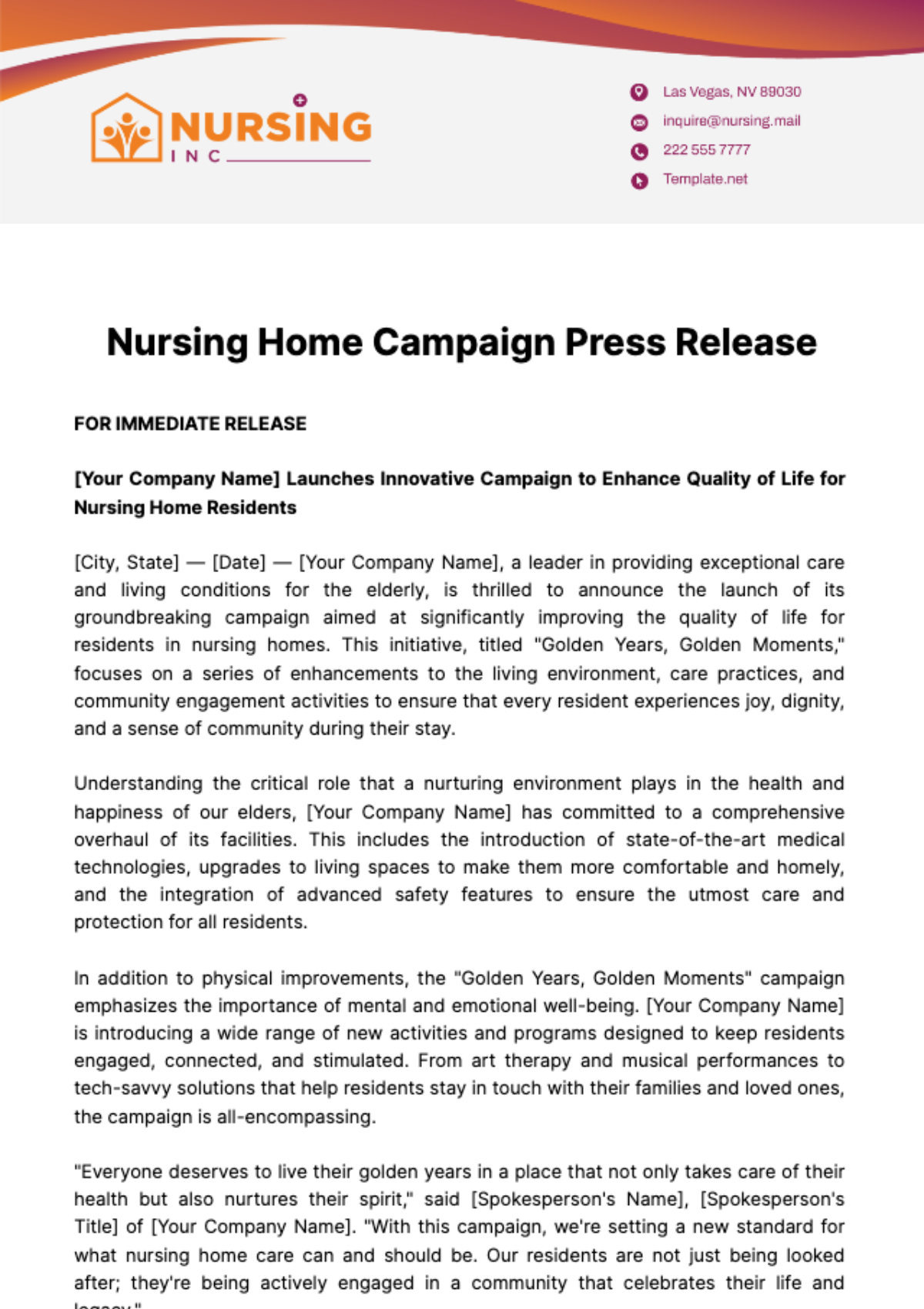 Free Nursing Home Campaign Press Release Template