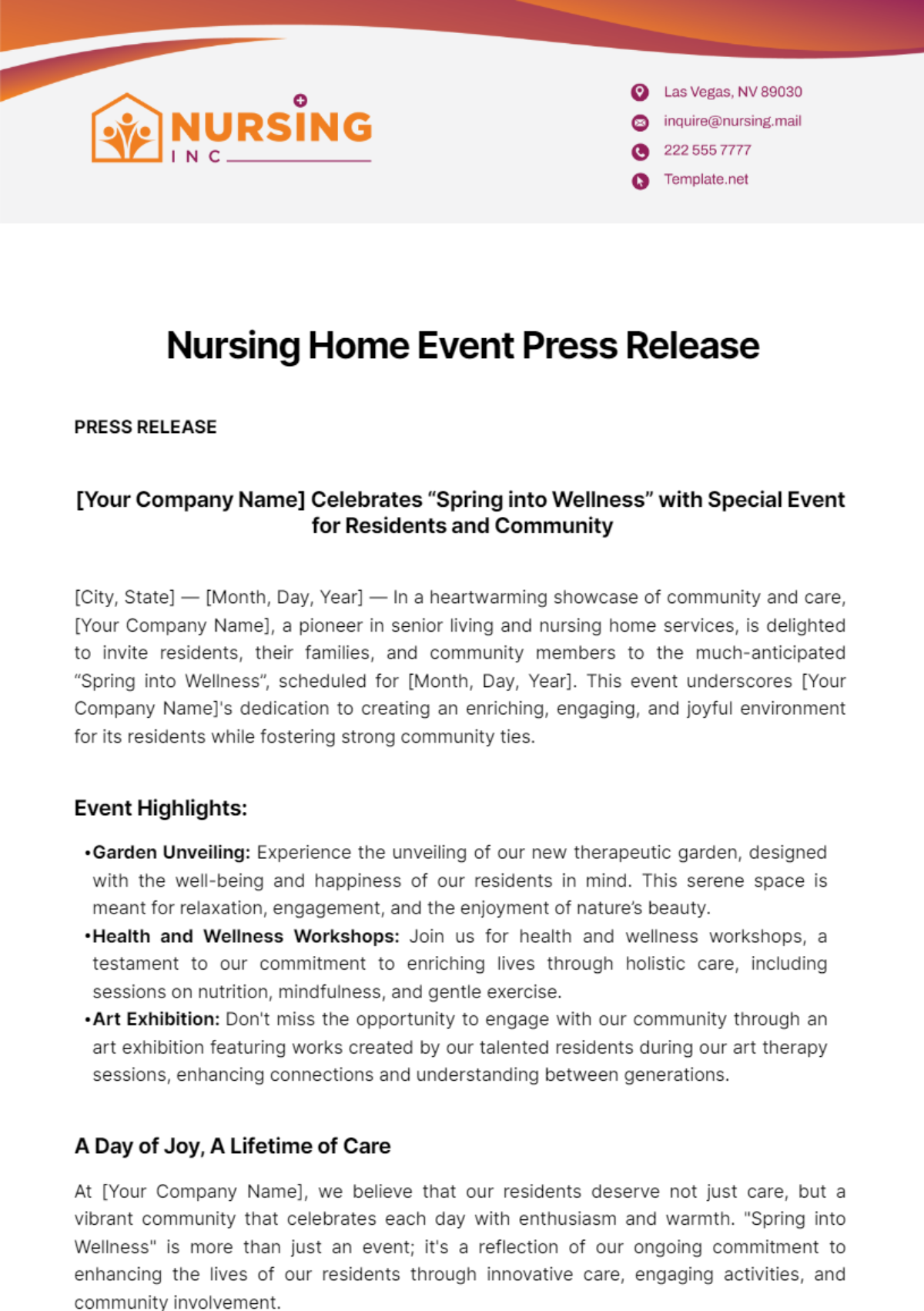Nursing Home Event Press Release Template