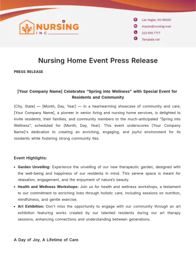 Free Nursing Home Event Press Release Template to Edit Online