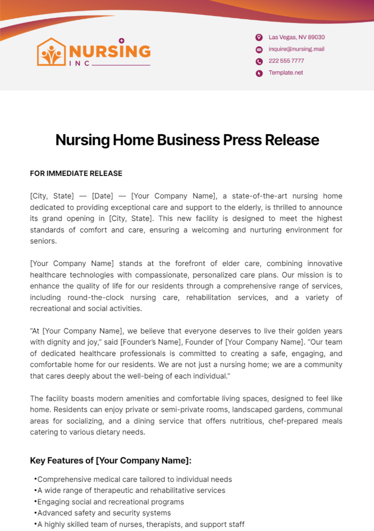 Nursing Home Business Press Release Template