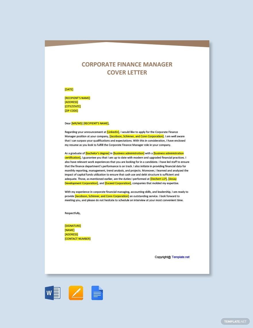 Corporate Finance Manager Cover Letter
