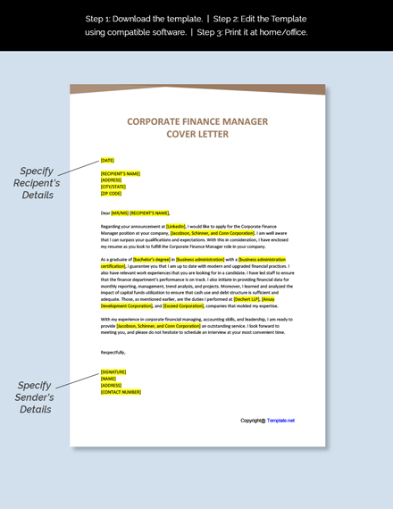 FREE Corporate Finance Manager Cover Letter - Word ...