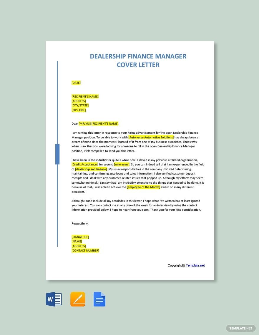 Dealership Finance Manager Cover Letter